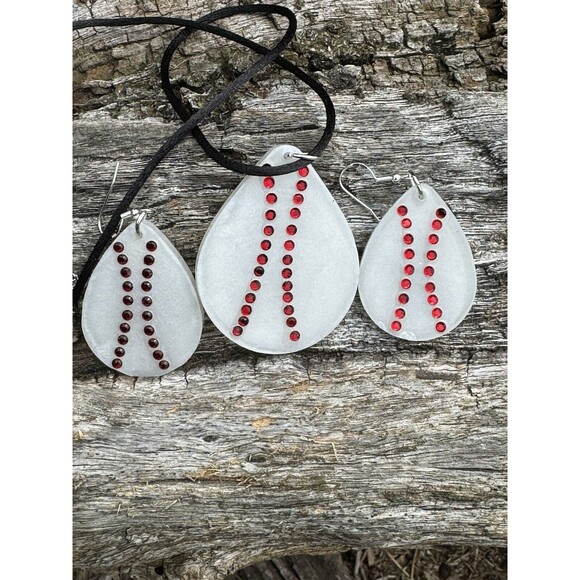 Cute Baseball Epoxy And Rhinestone Necklace  With Matching Earrings Jewelry Set - Picture 5 of 9